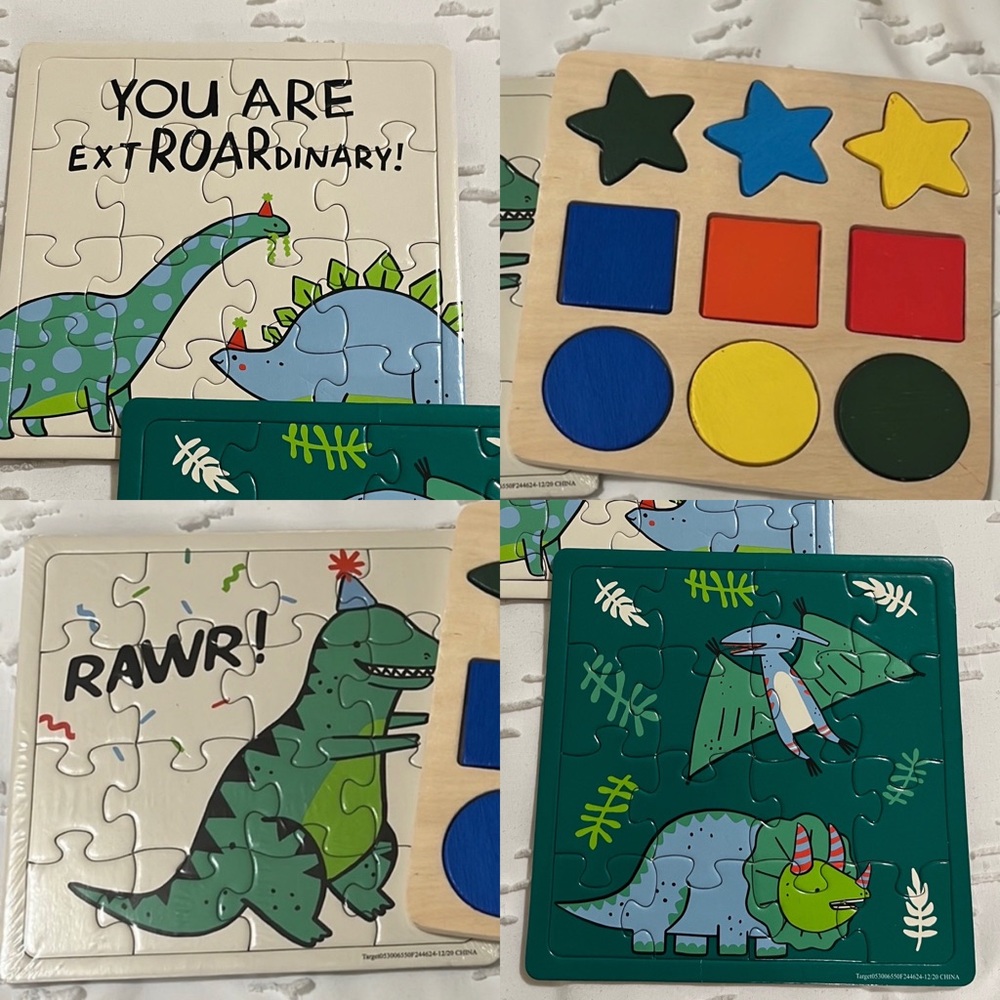 🦖Lot of 4 Puzzles! Dinosaur Jigsaw Puzzles & Small Shapes Puzzle